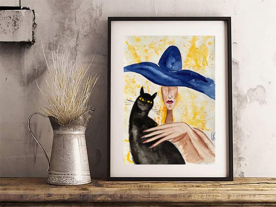 Black Cat Painting Woman Original Art Faceless Portrait Watercolor Blue Hat Artwork Home Wall Art 11 by 15 by Halyna Kirichenko