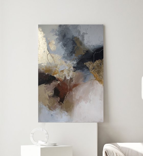 "Rime" Gray brown gold abstract acrylic art