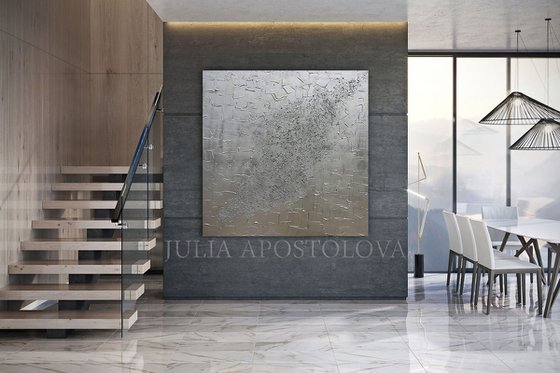 Silver Heavy Textured Art, Wall Sculpture, Minimalist Abstract Painting, Silver Wall Art, Rich Textures, Huge Sculpture 3d Art for Modern Contemporary Home or Office Decor by Julia Apostolova