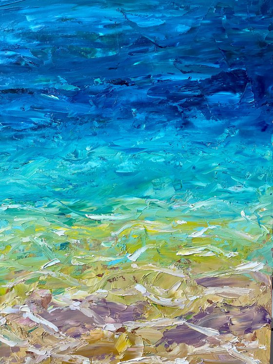 Gold Leaf Oil Paining, Sea Ocean Large Original Artwork on Wood, Seascape Vertical Wall Art