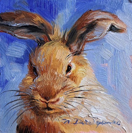Cute rabbit painting original oil framed 4x4, Small framed art Dad rabbit artwork blue background