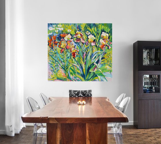 Irises and orange lilies