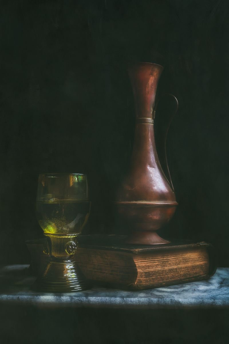 Impressionistic Still Life Photograph By Paul Nash, 16 X 24", Roemer Glass, Copper Pitcher And Book, Original Artwork