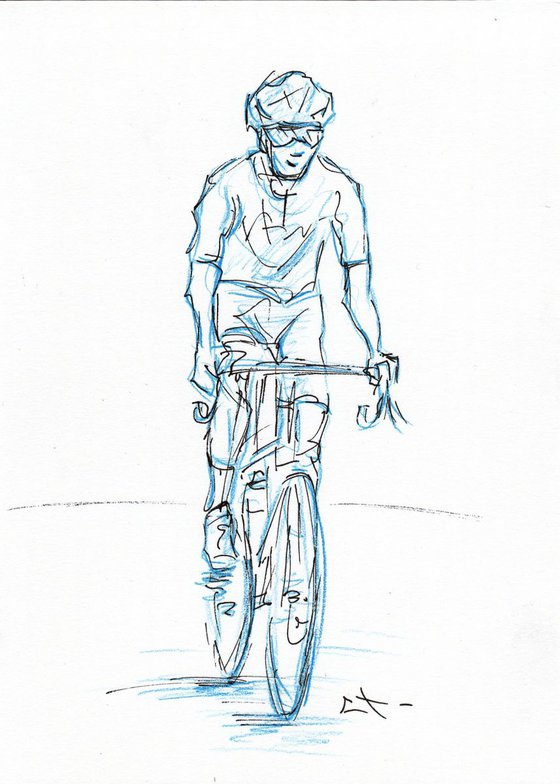 Esquisse crayon bleu et encre, Cycliste