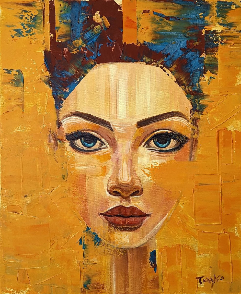 Abstract Portrait Acrylic Painting By Trayko Popov, 20 X 24", Her Blue Eyes, Original Artwork