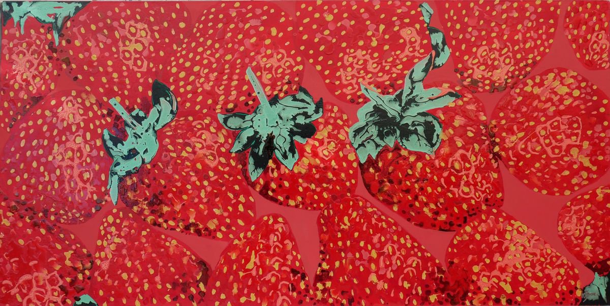Still Life Painting By Hannah Bruce, 39 X 20, Strawberries Xx, Original Artwork
