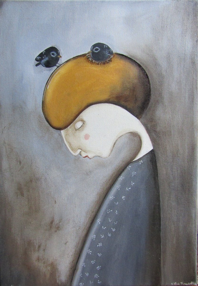 Illustrative Portrait Oil Painting By Silvia Beneforti, 14 X 20", The Woman And The Blackbirds, Original Artwork
