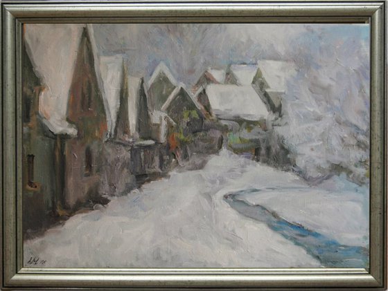 Snowy village  Winter  Impressionist landscape  Home /Office decor idea. Gift art.