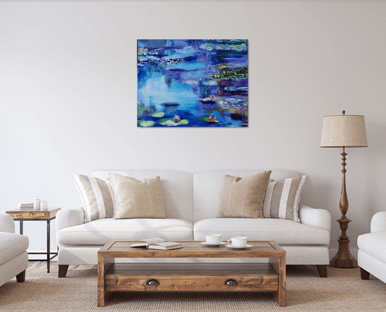 Water Lilies  92 x 76 x 2 cm inspired by Claude Monet  water reflections, purple, turquoise, blue sky