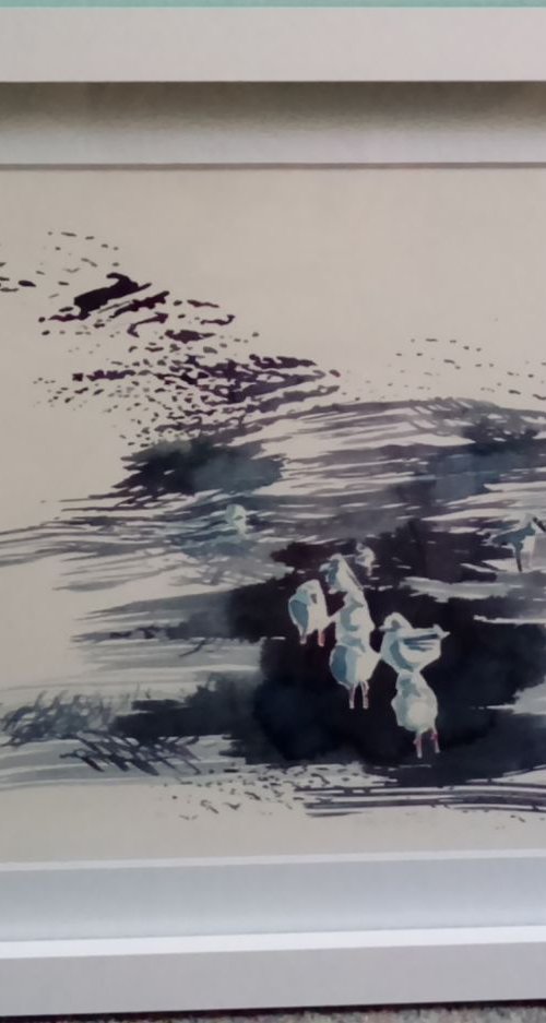 Original Watercolour Painting of 'Feeding' Sea Gull Birds by Hannah Clark