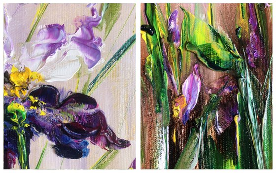 BIRTH OF NATURE - Set of 2 abstractions. Flower panel. Iris diptych. Petals. Violet. Close-up. Bright module.