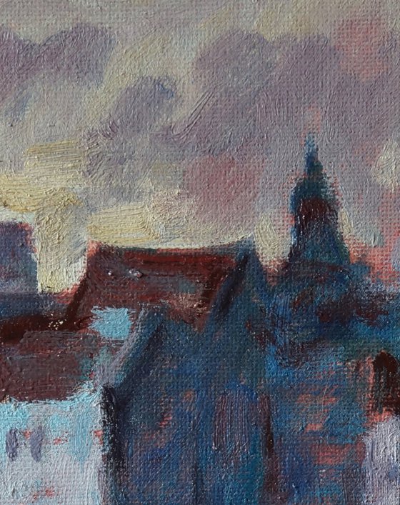 Original Oil Painting Wall Art Signed unframed Hand Made Jixiang Dong Canvas 25cm × 20cm Cityscape Evening in Amsterdam House Small Impressionism Impasto