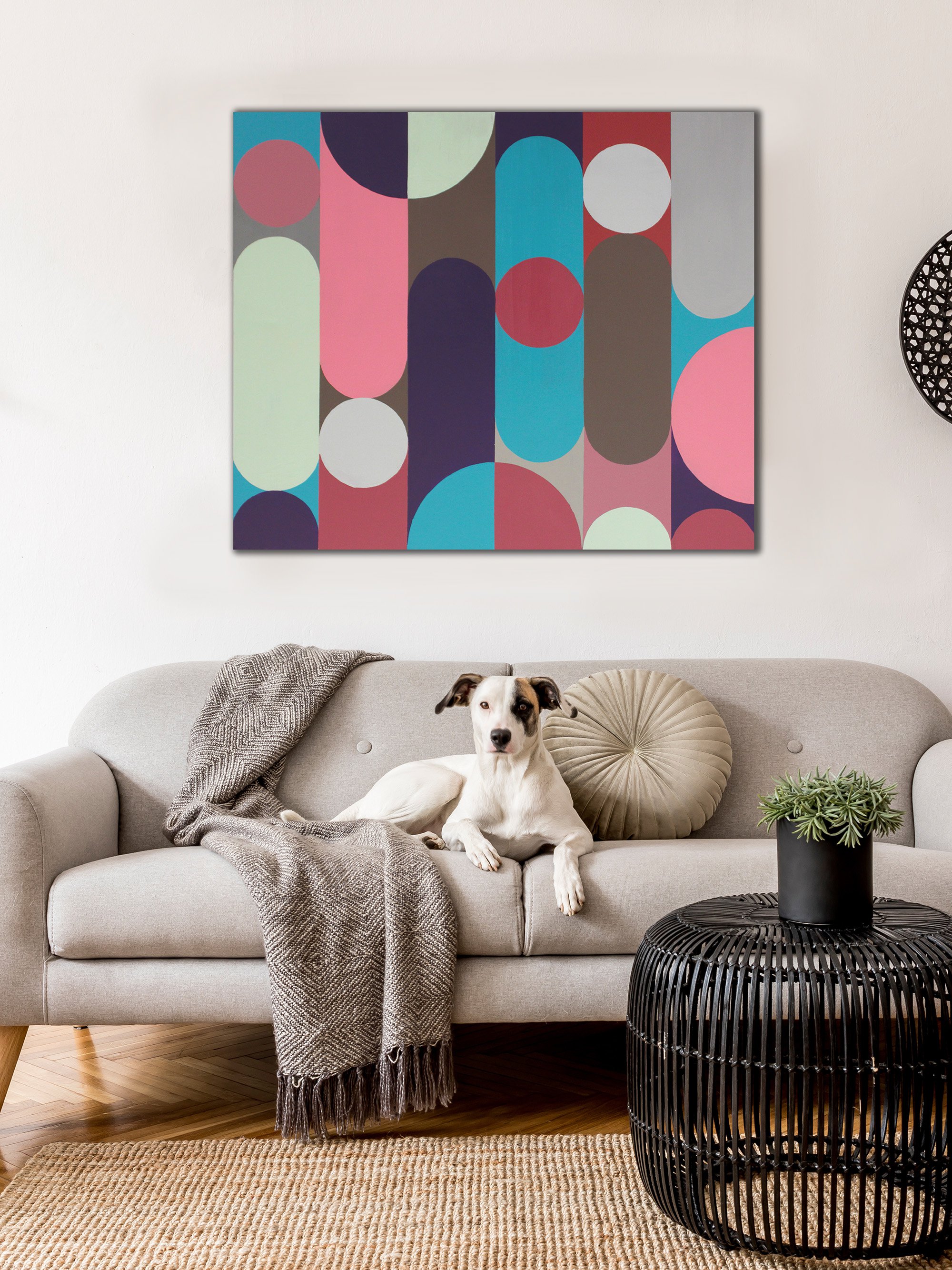 Geometric Abstract Acrylic Painting By Andrew Watt, 47 X 39, Geo Pop Lines No 5, Original Artwork
