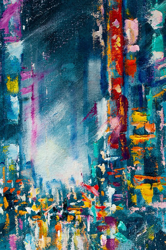 "Street of the night city" people with umbrella , original oil painting