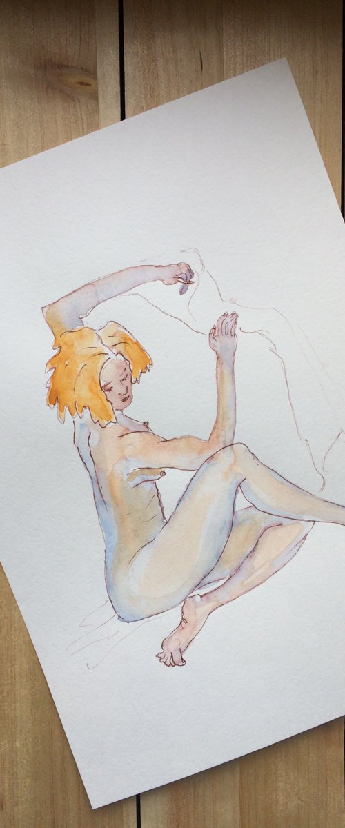 Female nude drawing - Seated ginger woman watercolor - Sensual figure study mixed media (2021) by Olga Ivanova