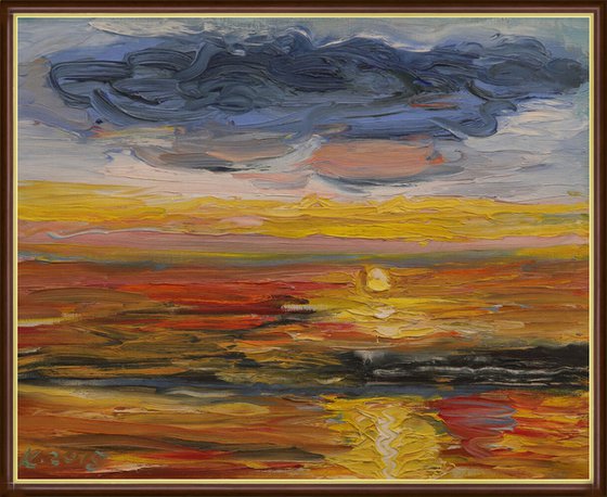 SUNRISE - Landscape art, seascape, skyscape, ocean, beach, sun over the ocean ray light, original oil painting, summer, nature, home decor