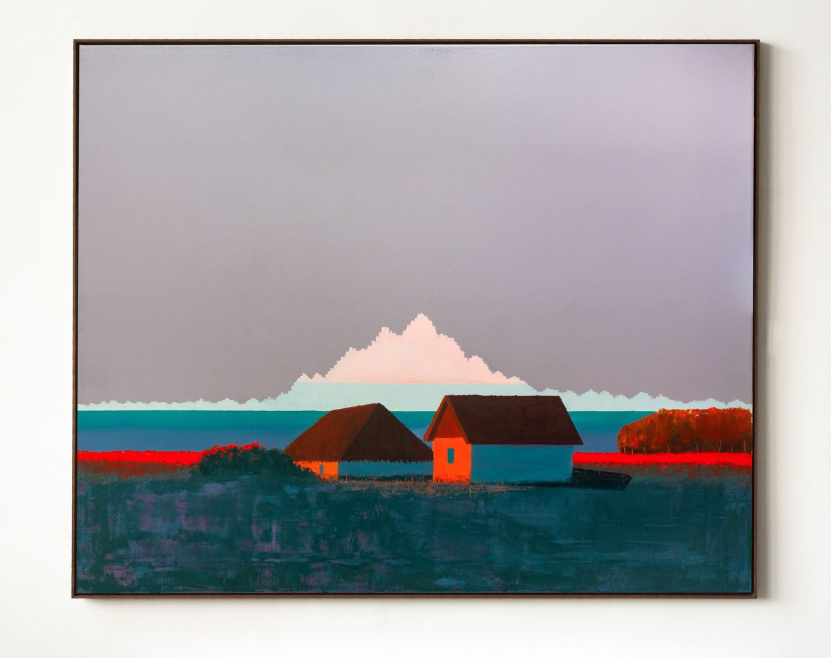 Naive Landscape Acrylic Painting By Bohdan Katolyk, 43 X 35, Sea Sky Boundary, Original Artwork