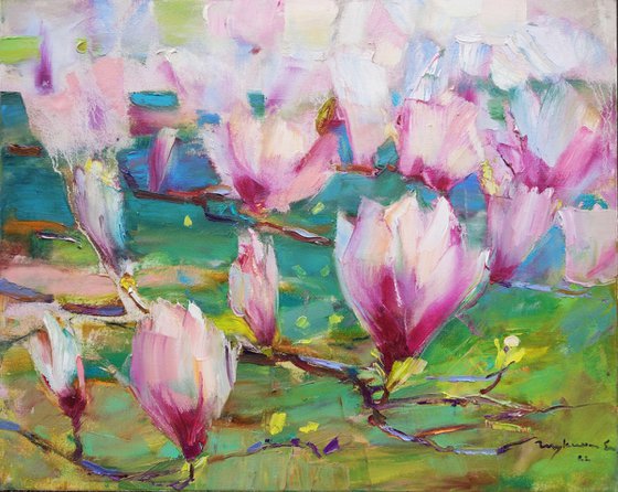 Magnolia blooms Flower painting A moment of spring Original oil painting