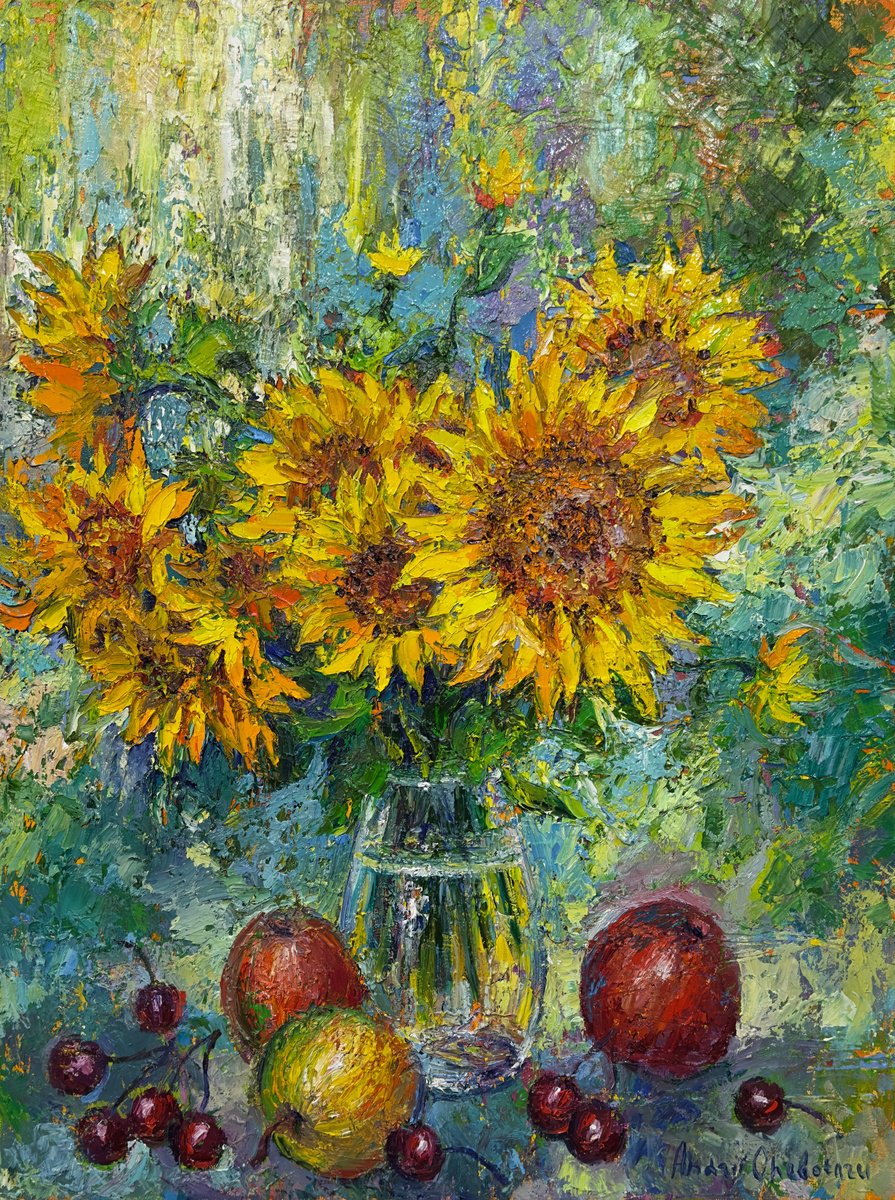 Impressionistic Still Life Oil Painting By Andrii Chebotaru, 24 X 31, Taste Of The Sun, Original Artwork