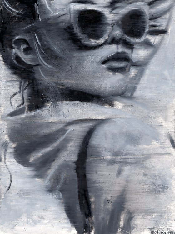 Lissy | Black and white oil painting on paper | beautiful powerful woman wearing sunglasses summer vibe lady