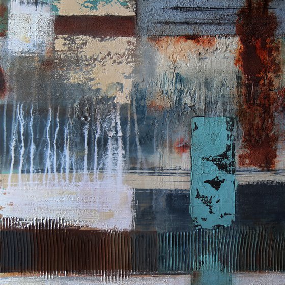 ABSTRACTION * 70 x 70 cms -  ABSTRACT ARTWORK - PAINTING - WITH STRUCTURES - OFF-WHITE BLUE RUST