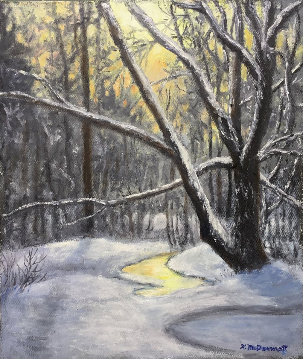 Impressionistic Landscape Oil Painting By Kathleen Mcdermott, 15 X 18", Winter Woods Nightfall, Original Artwork