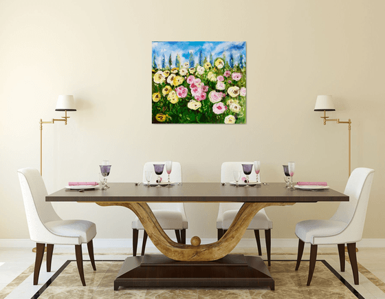 WHITE PINK YELLOW  ROSES landscape with  cypress trees palette  knife modern still life  flowers office home decor gift