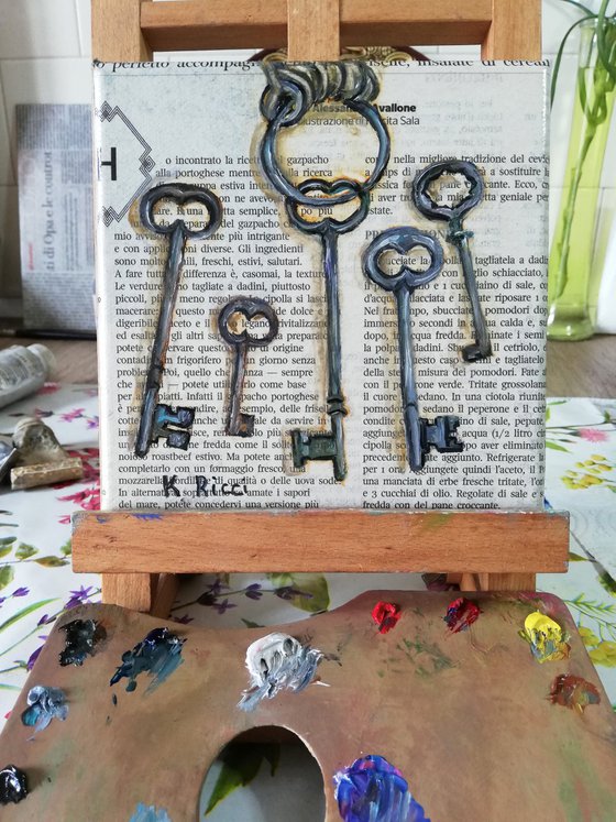 "Skeleton Keys on Newspaper" Original Oil on Canvas Painting 6 by 6 inches (15x15 cm)