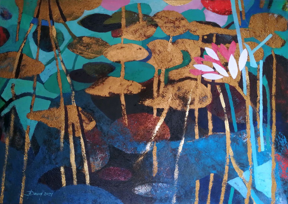 Impressionistic Botanical Acrylic Painting By Olga David, 39 X 28", Gold Pond, Original Artwork