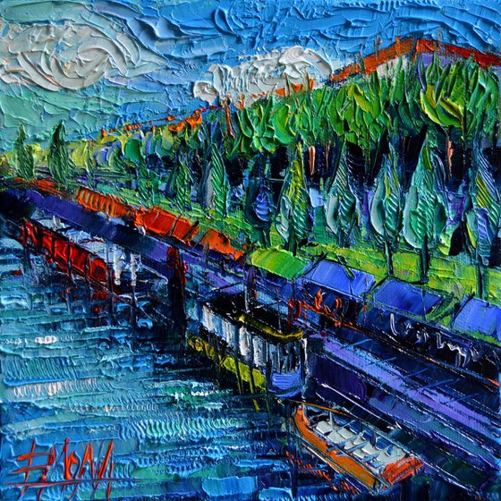 THE COLORFUL QUAYS OF THE RHONE RIVER modern impressionist palette knife oil painting