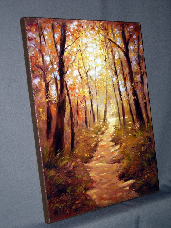 THROUGH THE SUN-DRENCHED FOREST (Impressionistic palette knife oil painting nature landscape fall autumn forest path)
