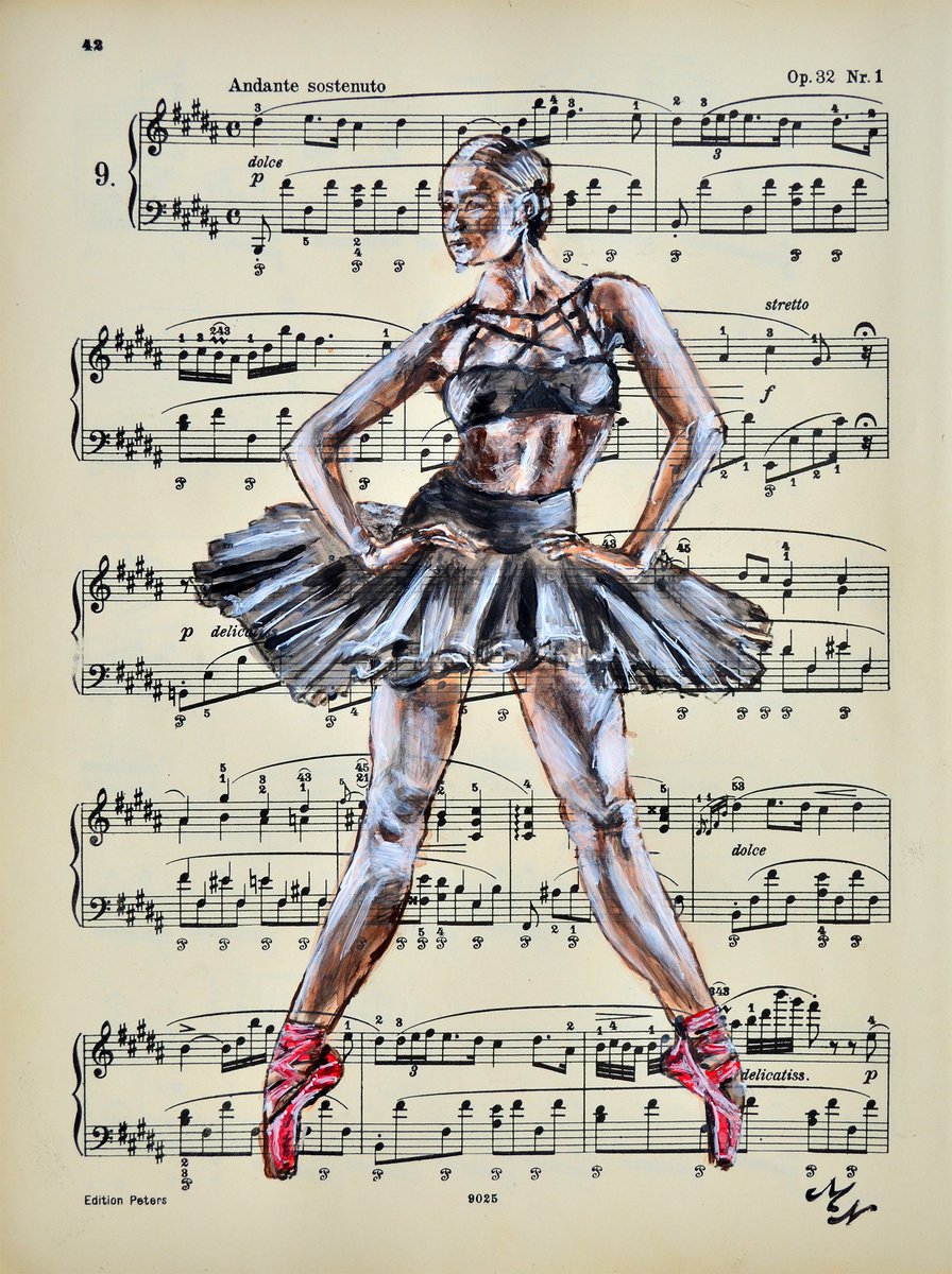 Expressive Portrait Collage By Misty Lady - M. Nierobisz, 9 X 12", Ballerina Xxxiv- Music Page, Original Artwork