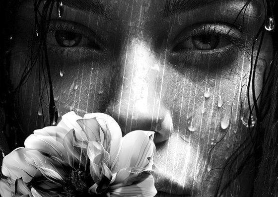 Girl with Flower in the Rain