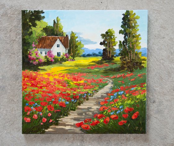 Red poppies. Oil painting. Rural landscape. Flower field. Original art. 12 x 12in.