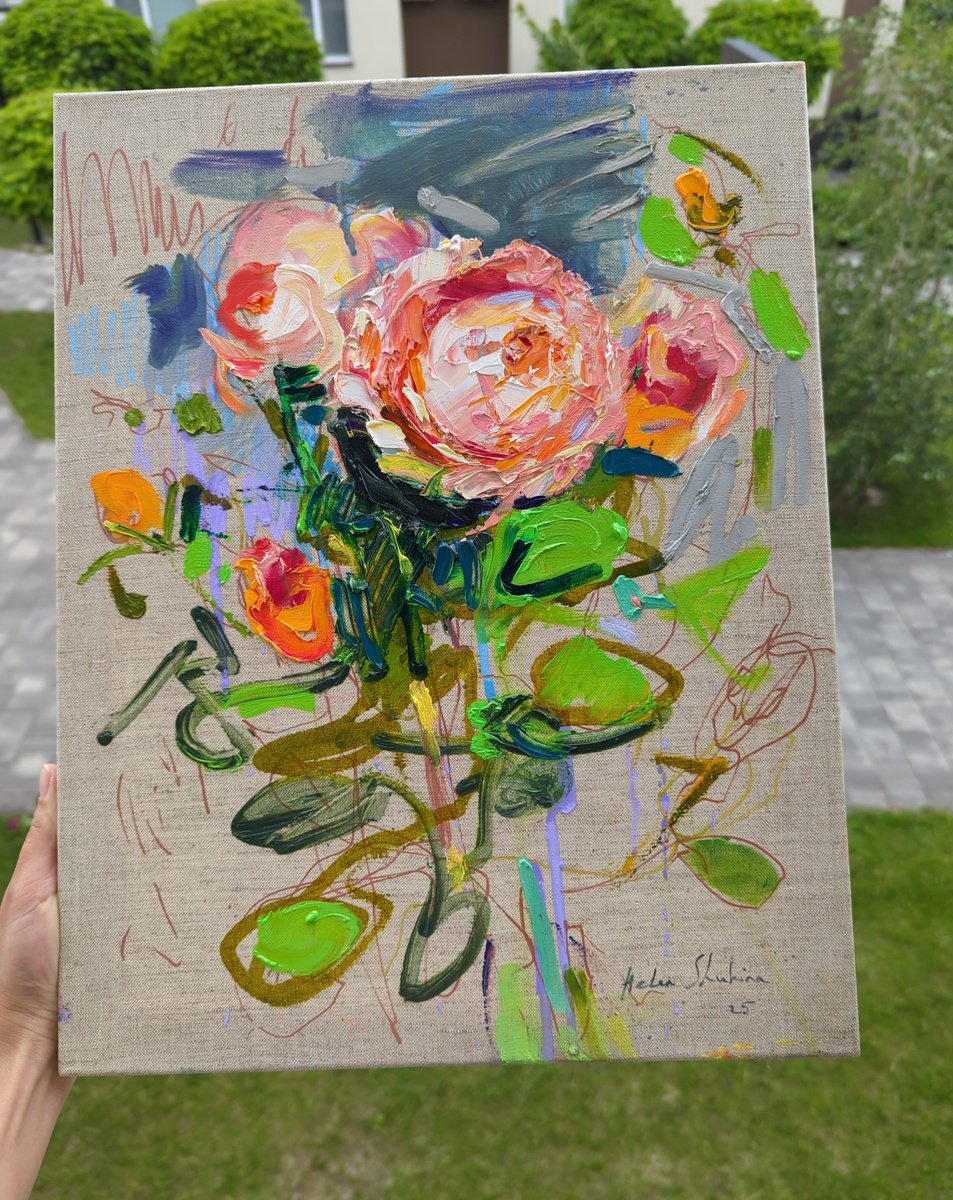 Expressive Botanical Oil Painting By Helen Shukina, 14 X 18, Rose Study, Original Artwork