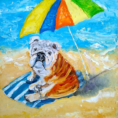 Beach season, Bulldog Painting Original Art Funny Pet Artwork Beach Wall Art English Bulldog on the beach by Yulia Berseneva