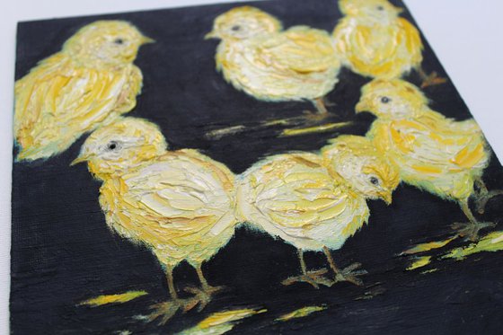 "Oh! What a busy day today" - Chicks - chicken painting - roosters - Oil painting on canvas board - Easter - special cockerel