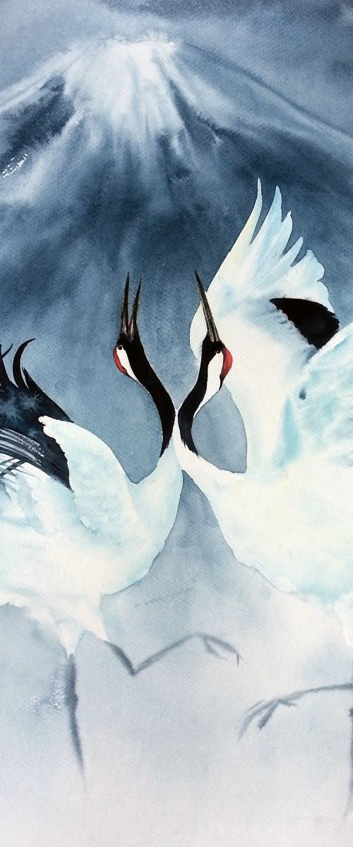 Japanese Red Crowned Cranes Da by Olga Beliaeva Watercolour