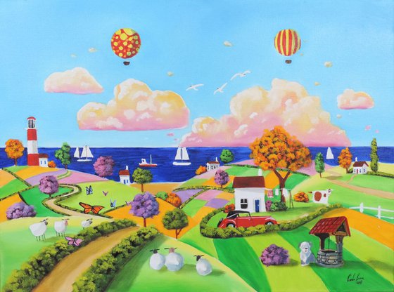 Folk art landscape happy seaside