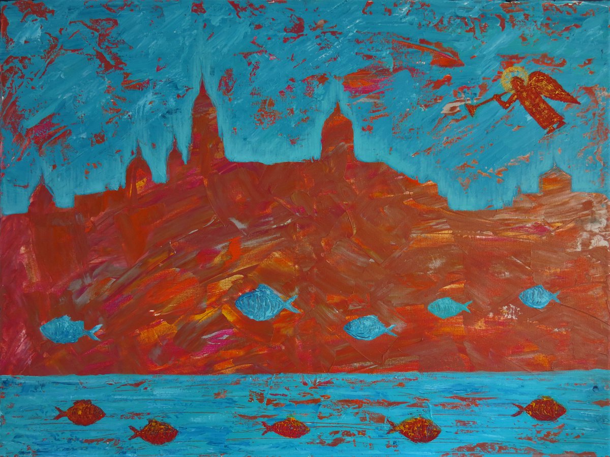 Surrealistic Cityscapes Acrylic Painting By Denys Kuvaiev, 31 X 24, Procession Of Fish Salamanca, Original Artwork