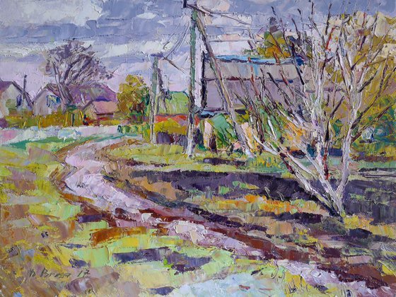 October, rainy day (plein air, original oil painting)