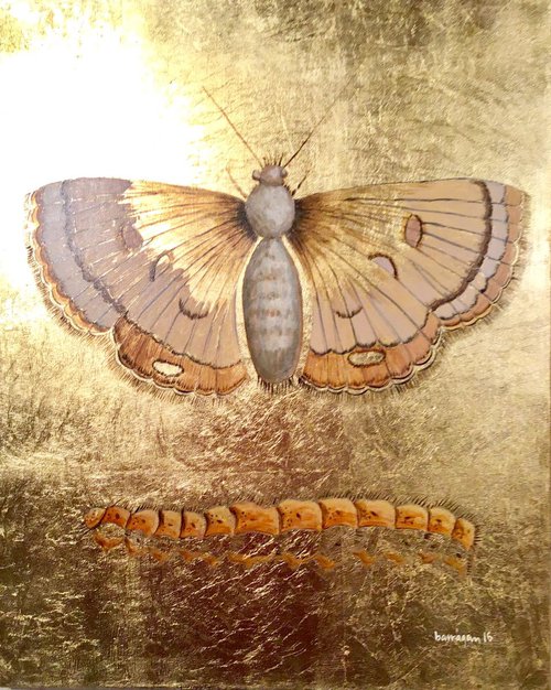 The Golden Moth Oil Painting on Lacquered Golden Leaf Canvas by Caridad I. Barragan