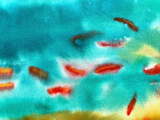 Fishes Pond Watercolour Painting, Abstract Landscape Original Art, Green Wall Art