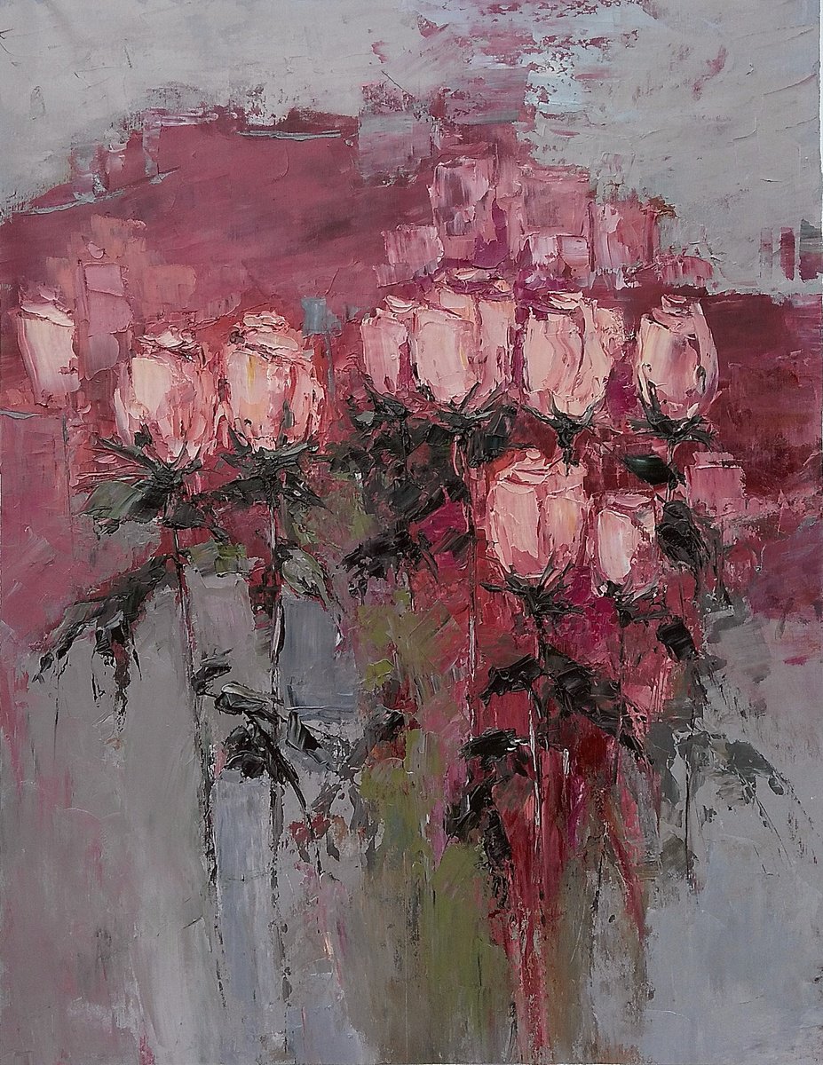 LONGING, 66x86cm, red roses expressive modern original by Emilia Milcheva