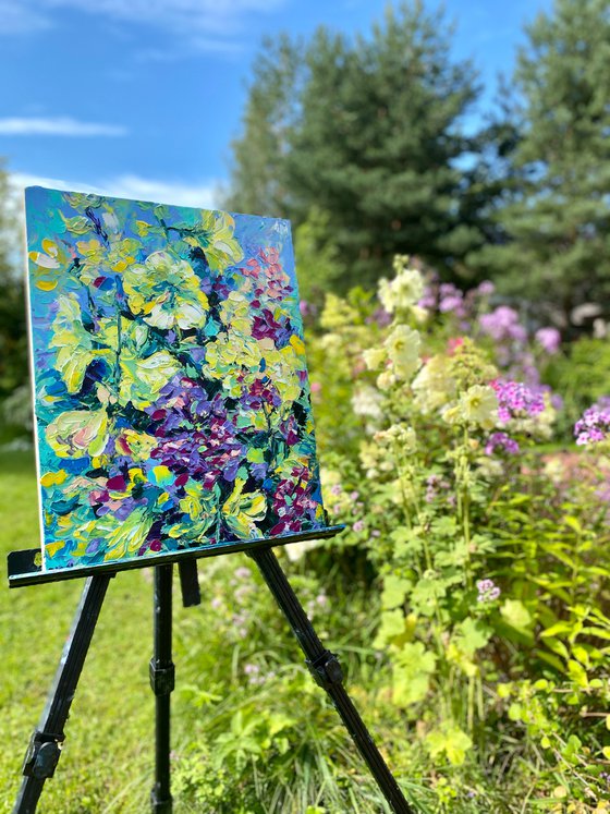 Mallow and phlox - Sunny joy, 35*45cm, impressionistic flowers oil painting in yellow and violet, purple, sunny mood