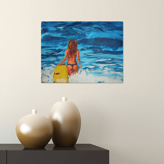Surfer Girl / Sea summer gift sea swimming /  ORIGINAL PAINTING