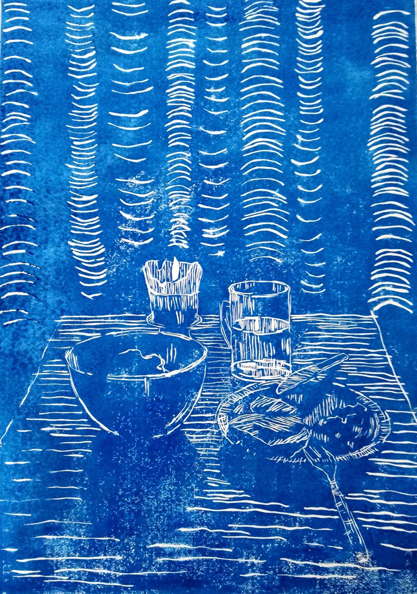 Illustrative Still Life Linocut By Zlatina Krusteva, 20 X 28", "After", Original Artwork