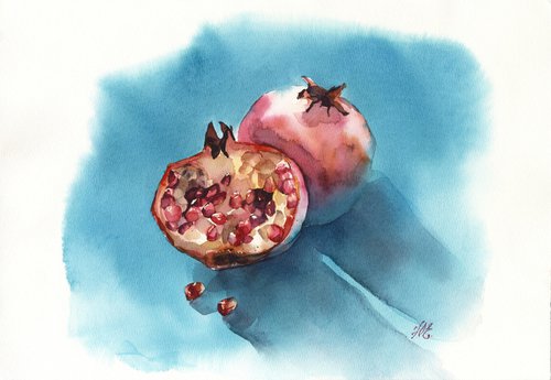 Pomegranate on blue Watercolor fruits for kitchen by Yulia Evsyukova