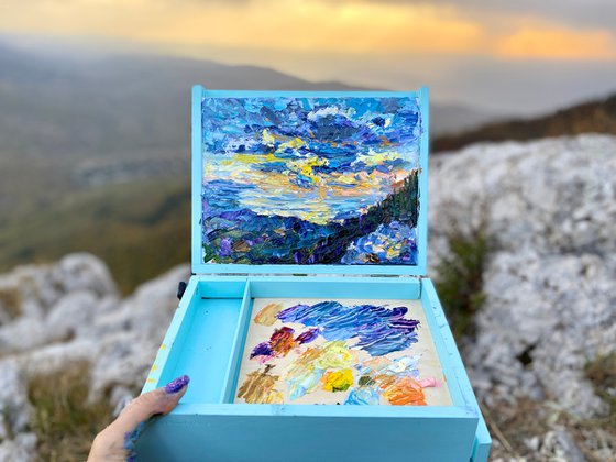 "Cloudy sunrise in Demerdzhi mountains", 18*24cm, impressionistic oil mountains landscape etude painting