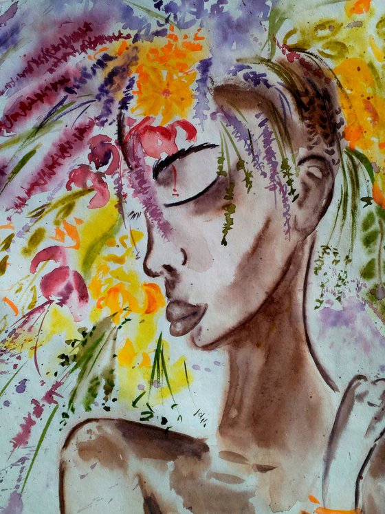 Flower Head Painting Woman Original Art African Queen Watercolor Lady with Flower Hat Artwork Home Wall Art 12 by 17" by Halyna Kirichenko